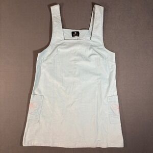 Standard Issue Light Blue Corduroy Pinafore Dress Pink Bow Pockets Size L